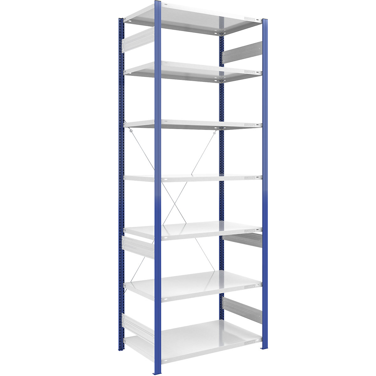 Scaffale a innesto per magazzino, montanti blu, ripiano zincato – eurokraft pro, alt. x largh. 2000 x 1000 mm, scaffale portante, profondità 800 mm-209