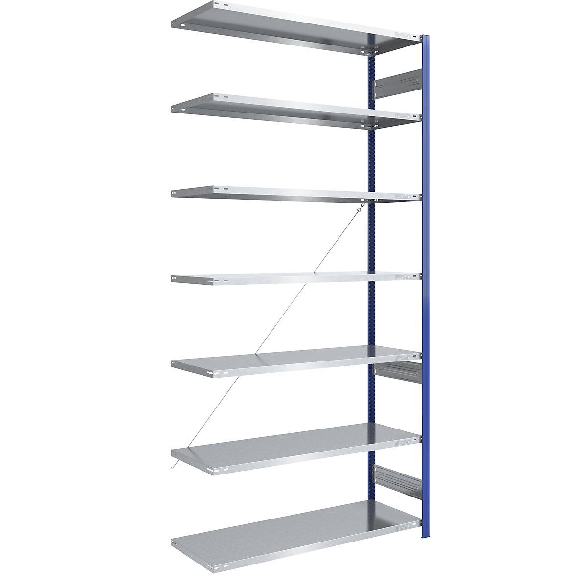 Scaffale a innesto per magazzino, montanti blu, ripiano zincato – eurokraft pro