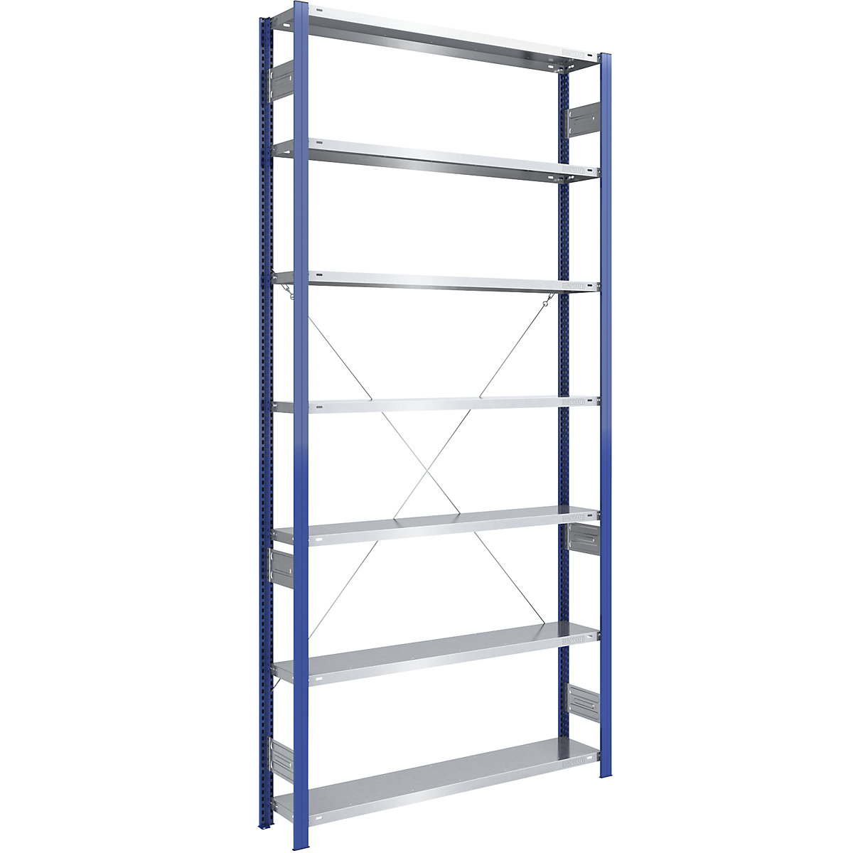 Scaffale a innesto per magazzino, montanti blu, ripiano zincato – eurokraft pro