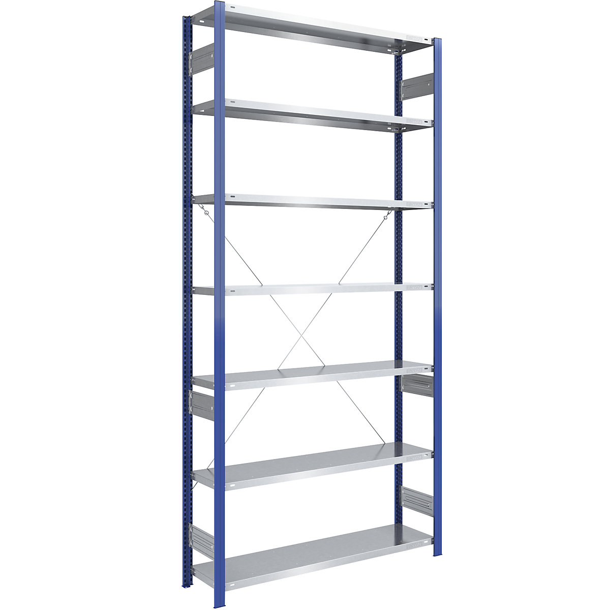 Scaffale a innesto per magazzino, montanti blu, ripiano zincato – eurokraft pro