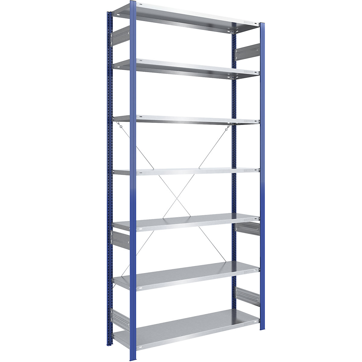 Scaffale a innesto per magazzino, montanti blu, ripiano zincato – eurokraft pro