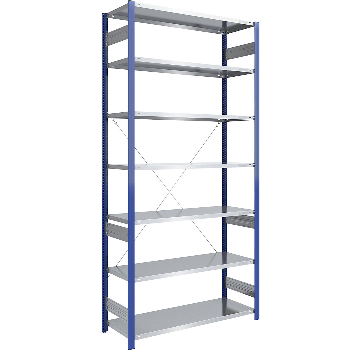 Scaffale a innesto per magazzino, montanti blu, ripiano zincato - eurokraft pro