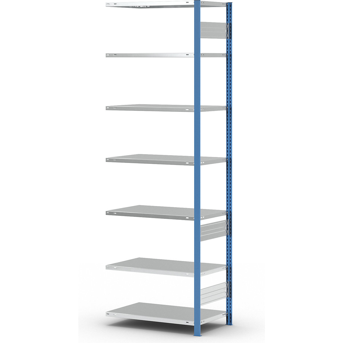 Scaffale a innesto per magazzino, montanti blu, ripiano zincato – eurokraft pro (Foto prodotto 260)-259