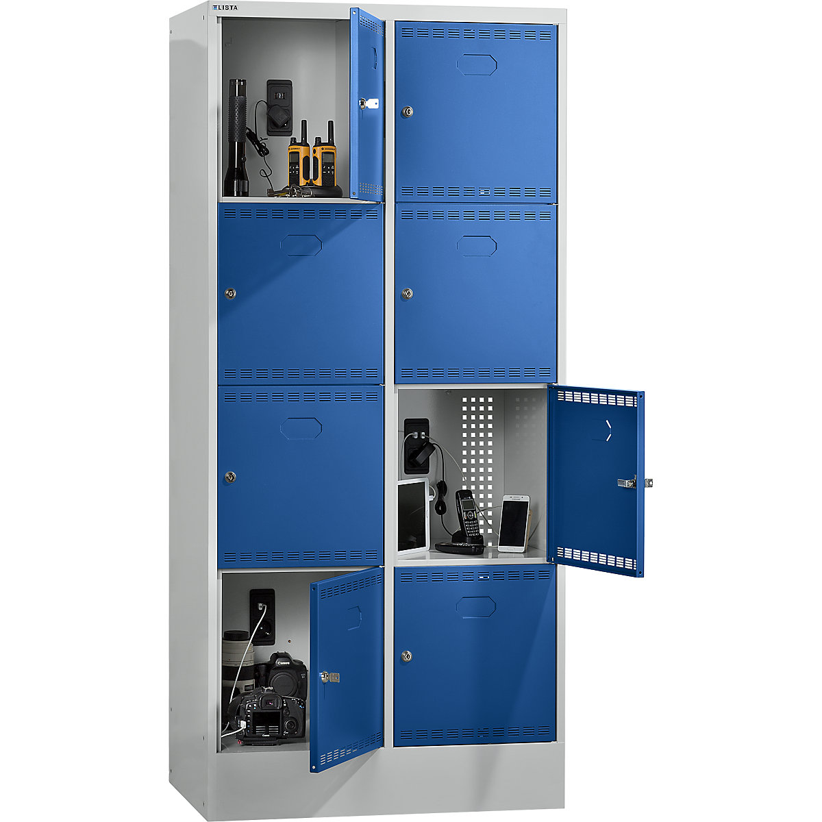Akku-Ladeschrank mit Schließfächern LISTA, mit 2 x 4 Fächern, 1 x 230 V, 1 x USB, grau / blau-3