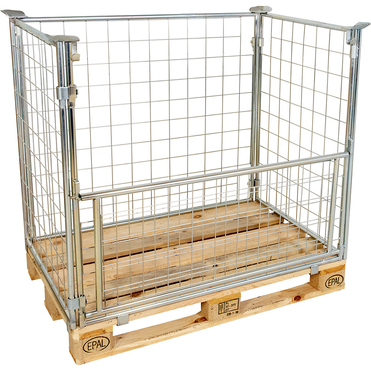 Mesh stacking frame for EUR pallet – eurokraft basic, with flap, mesh size 100 x 100 mm, height 800 mm, zinc plated
