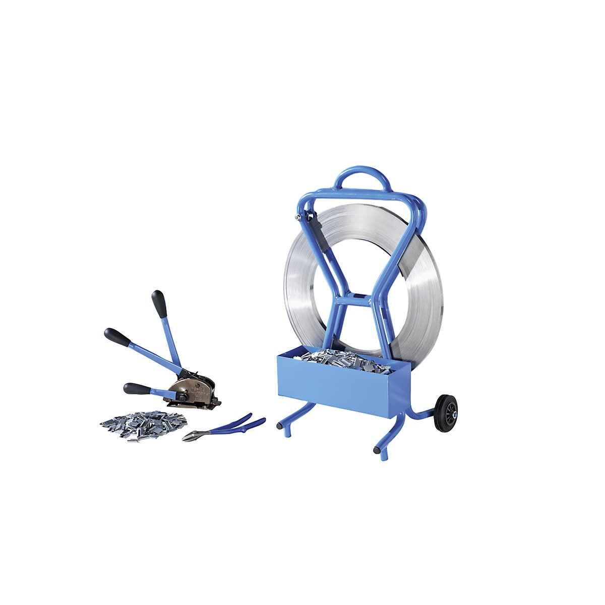 Strapping set, steel strapping: tensioning and sealing tool, cutter, strap  dispenser, strap, seals