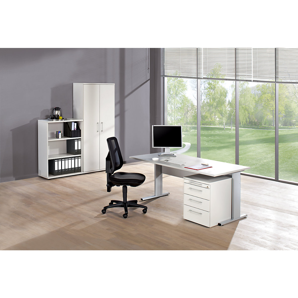 Ufficio completo PETRA, sedia girevole per ufficio inclusa, grigio chiaro-3