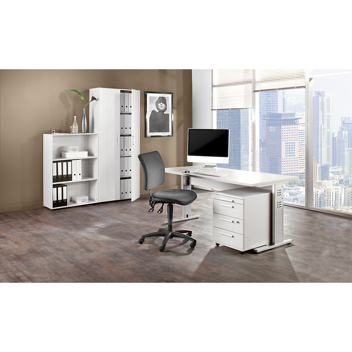 Oficina completa MULTI, 1 escritorio, 1 estantería, 1 buck rodante, 1 armario para archivadores, con silla giratoria de oficina en negro, gris luminoso-3