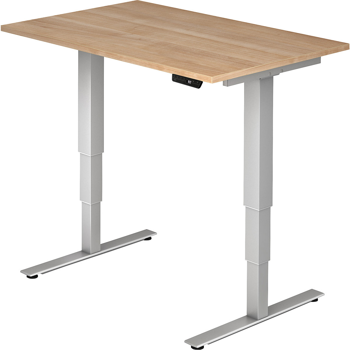 UPLINER-2.0 Pisalna miza za stoječe delo, električna nastavitev višine, ogrodje z nogami v obliki črke T, širina 1200 mm, imitacija oreha
