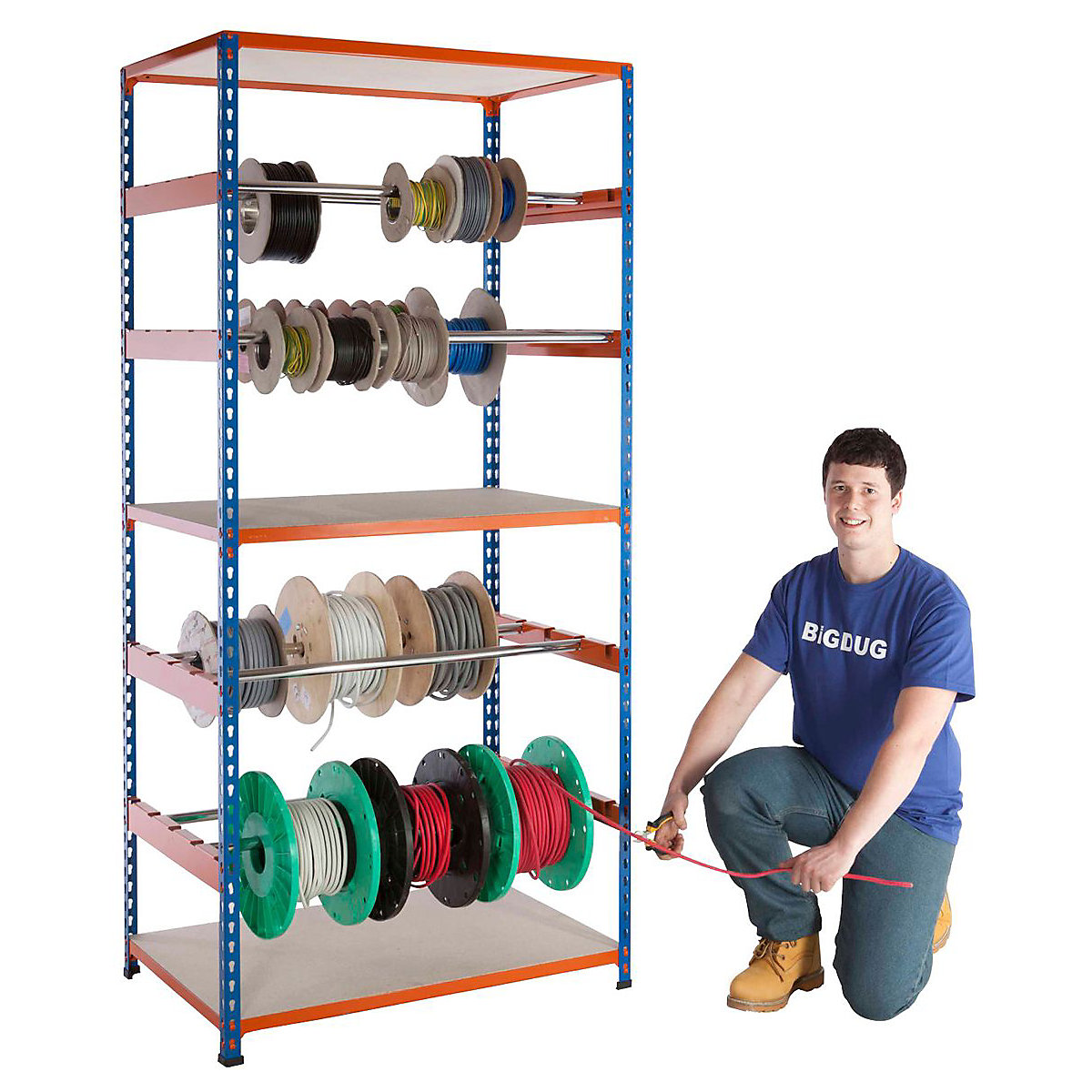 BiG340 Medium-Duty Reel Racking, BiG340 Medium-Duty Reel Racking, BiG340 Medium-Duty Reel Racking | 8x Reel Bars & 3x Shelves | 1980h x 915w x 610d mm | Blue & Orange-1