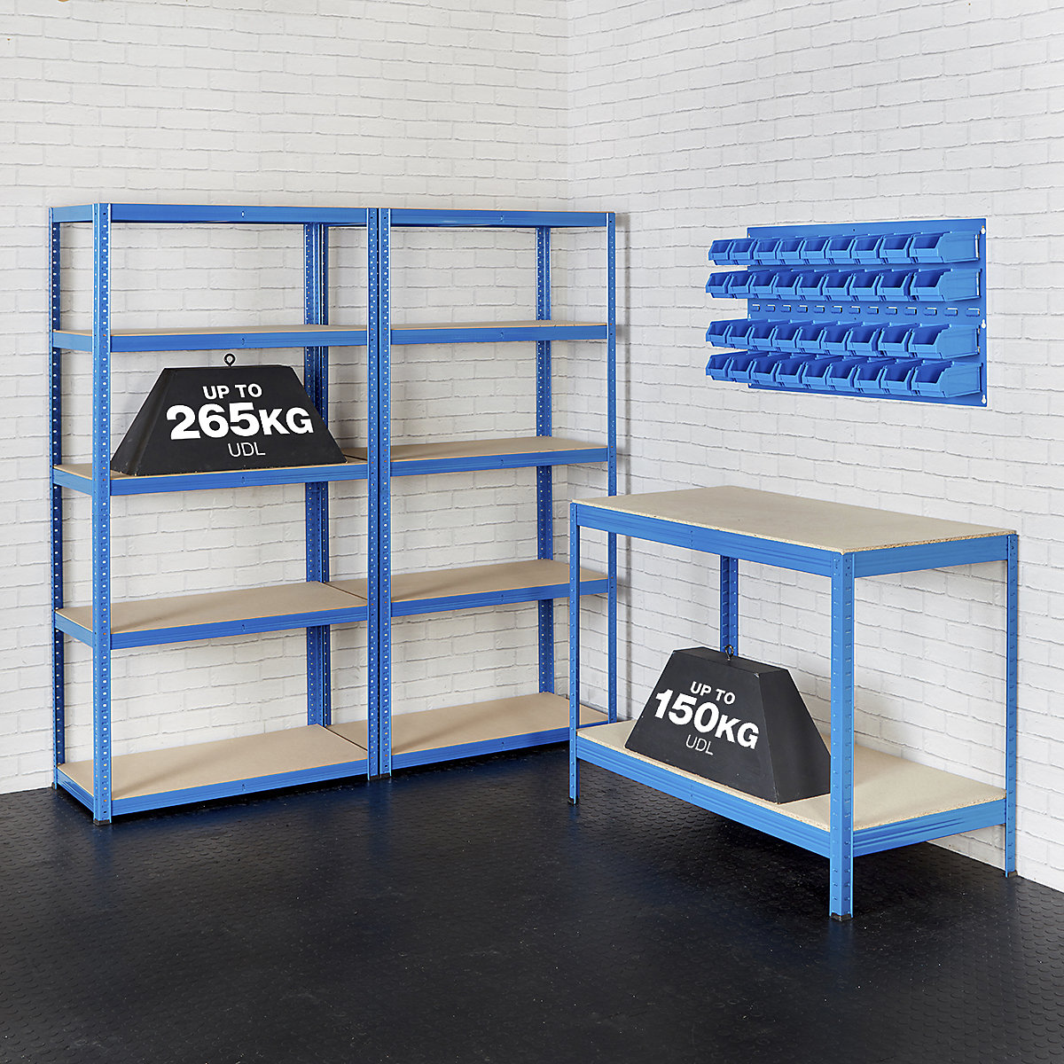 Industrial Garage Storage Kit - 2x Garage Shelving, Metal Workbench & Louvre Wall Panel (Product illustration 2)-1