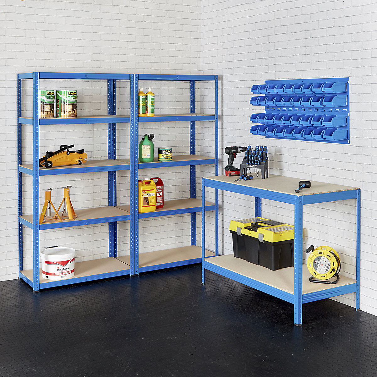 Industrial Garage Storage Kit - 2x Garage Shelving, Metal Workbench & Louvre Wall Panel