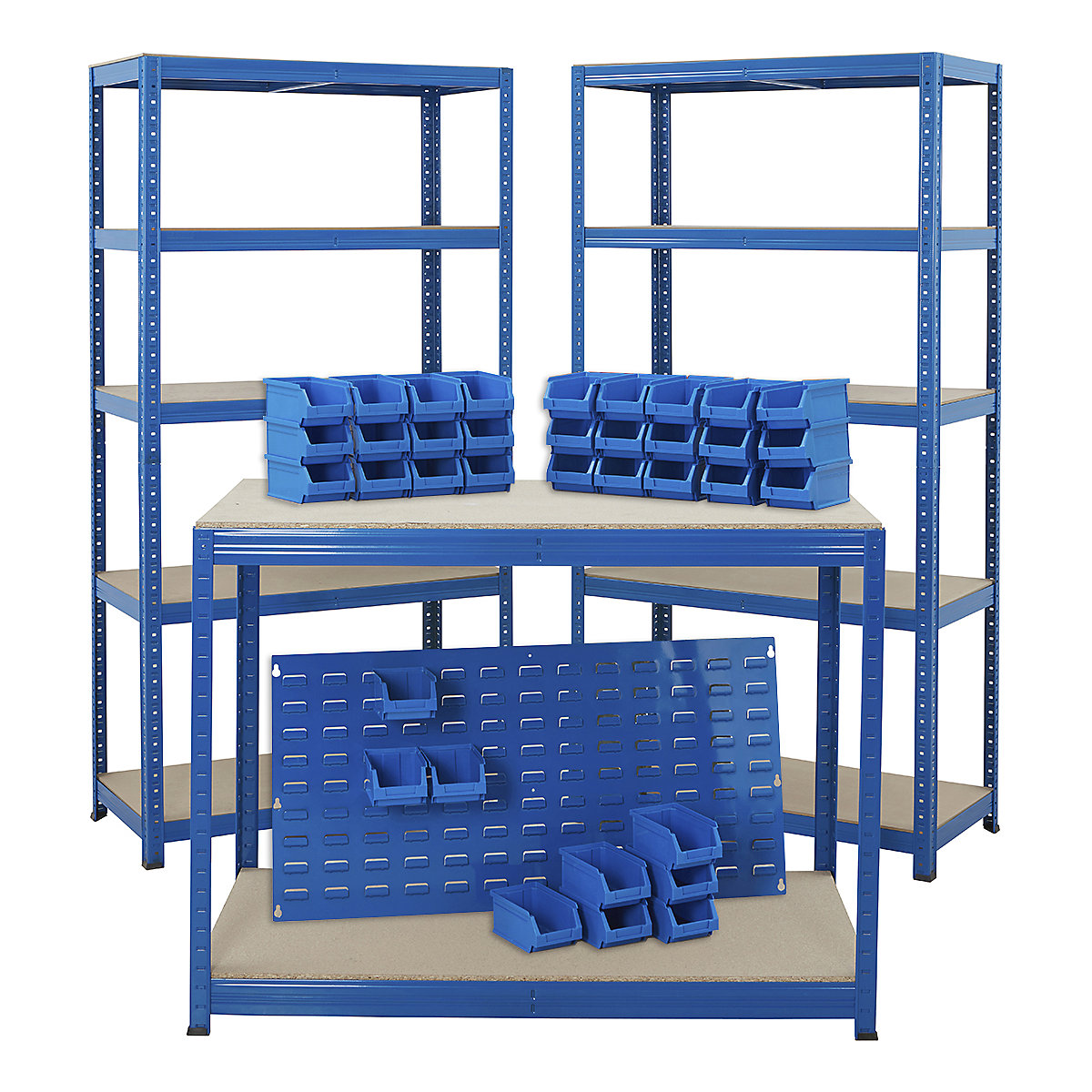 BiGDUG Essentials 2x Shelving Bays, Workbench & Optional Louvre Panel Kit