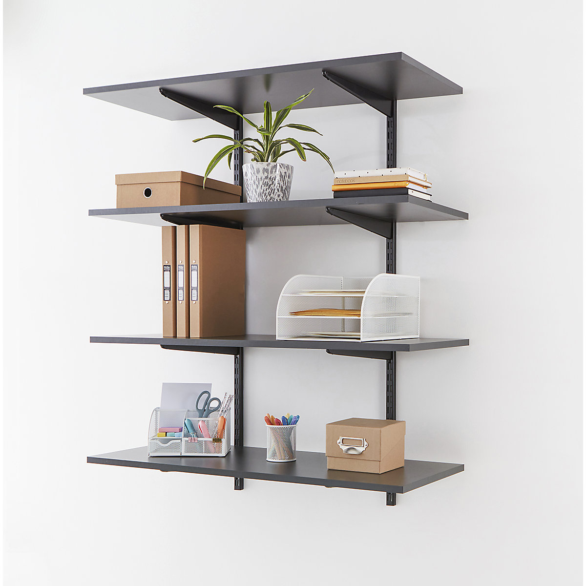 Office Wall Mounted Shelving Kits In Black With Graphite Grey Melamine Shelves