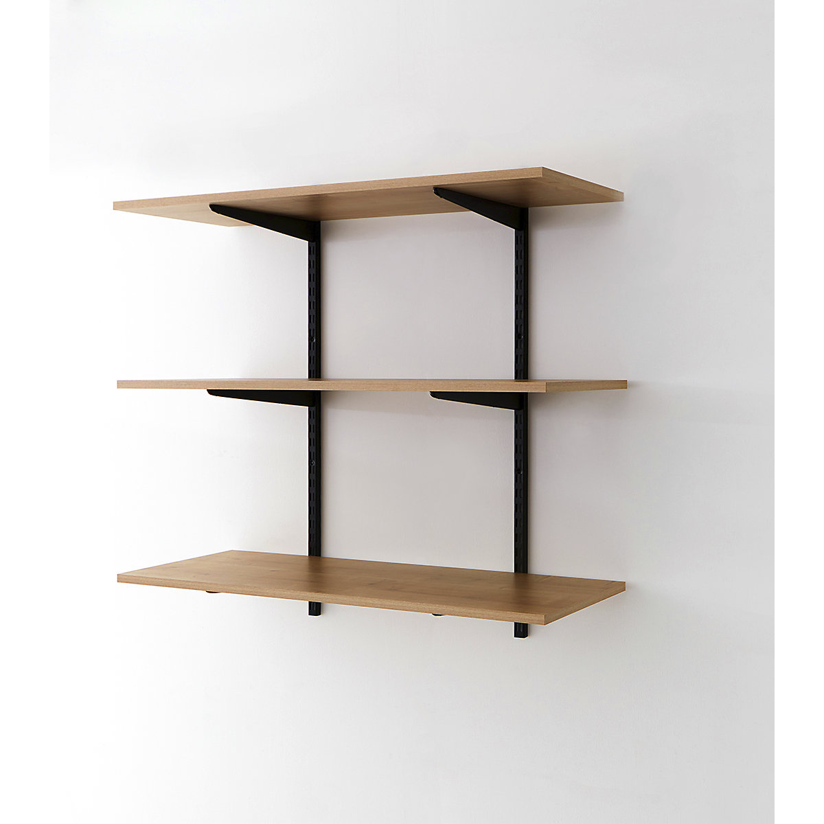 Office Wall Mounted Shelving Kits In Black With Oak Melamine Shelves
