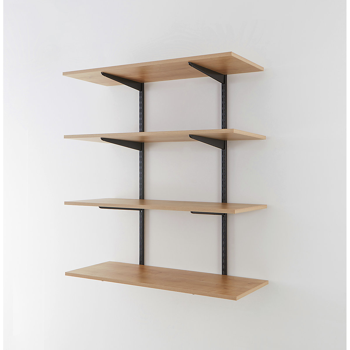 Office Wall Mounted Shelving Kits In Black With Oak Melamine Shelves