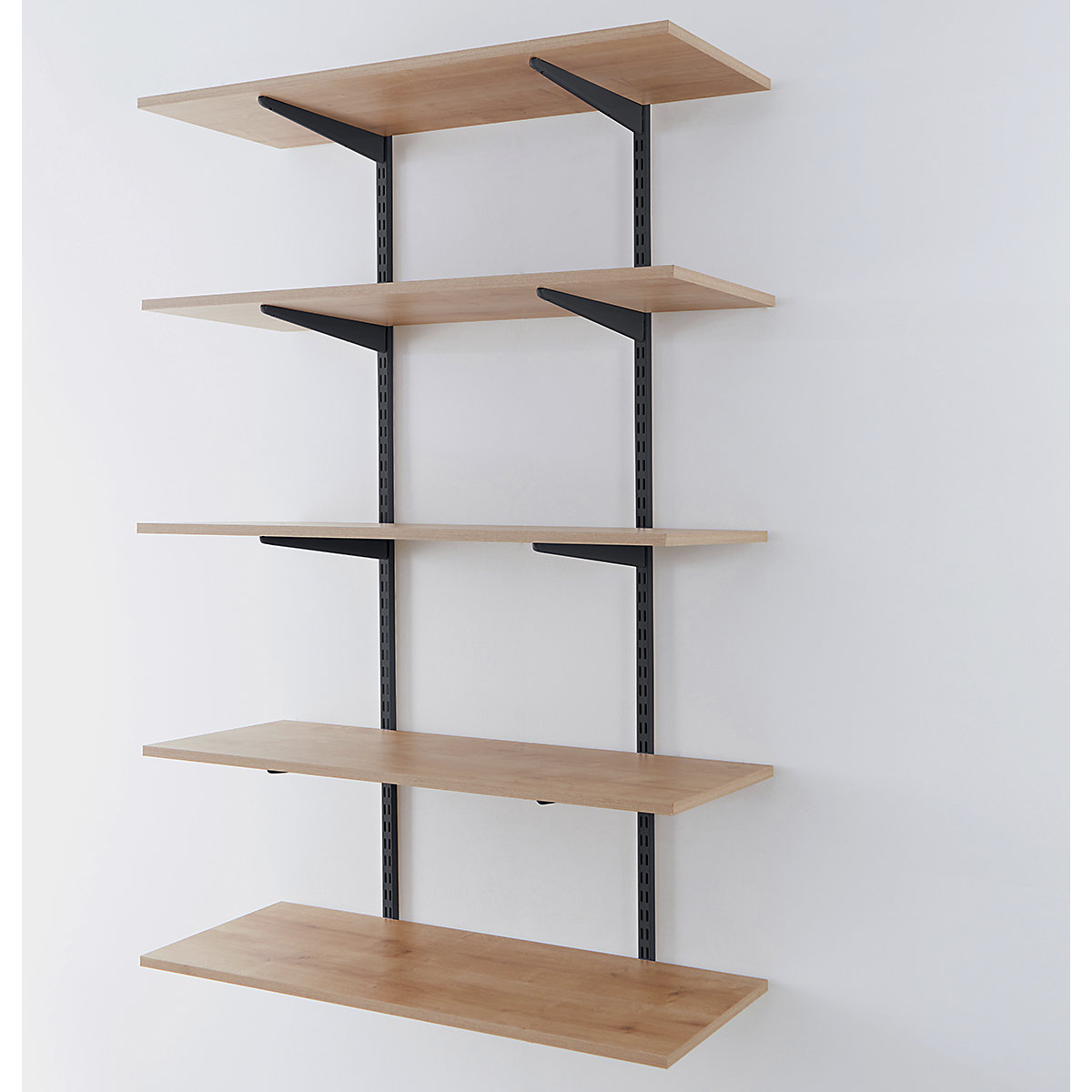 Office Wall Mounted Shelving Kits In Black With Oak Melamine Shelves