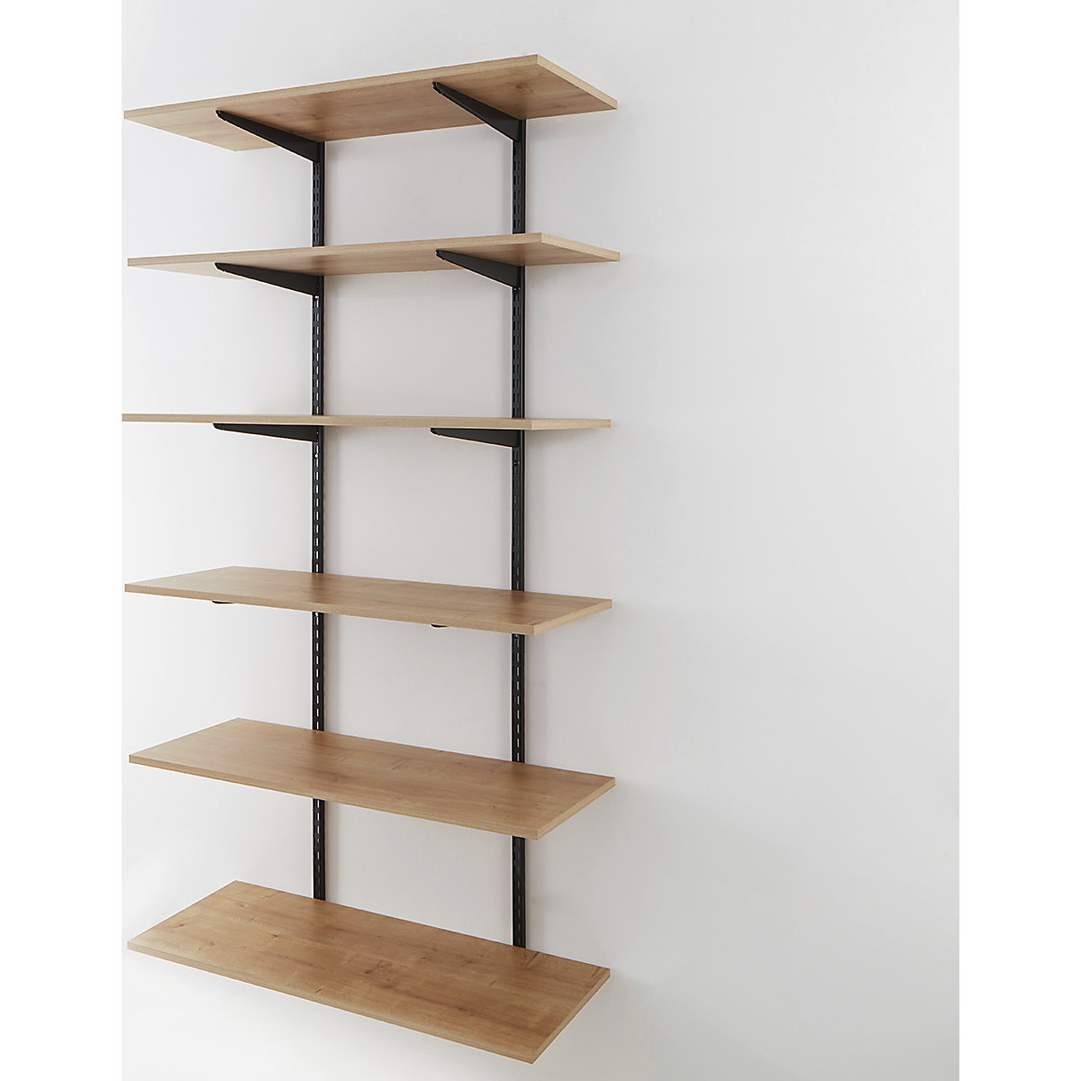 Office Wall Mounted Shelving Kits In Black With Oak Melamine Shelves