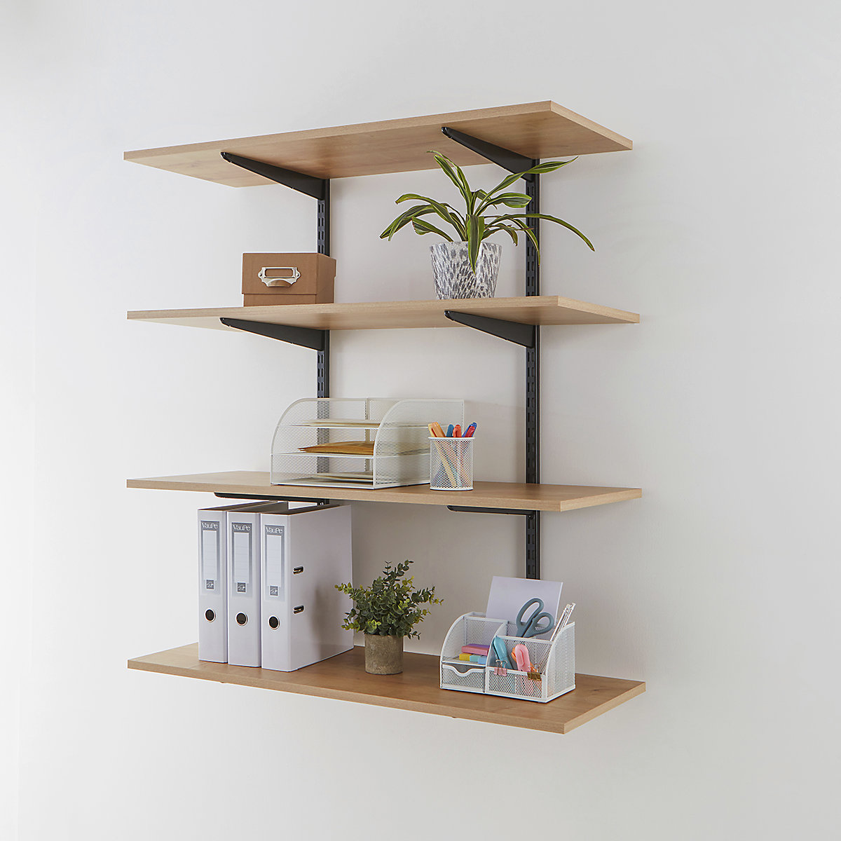 Office Wall Mounted Shelving Kits In Black With Oak Melamine Shelves