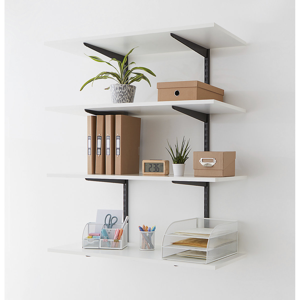 Office Wall Mounted Shelving Kits In Black With White Melamine Shelves