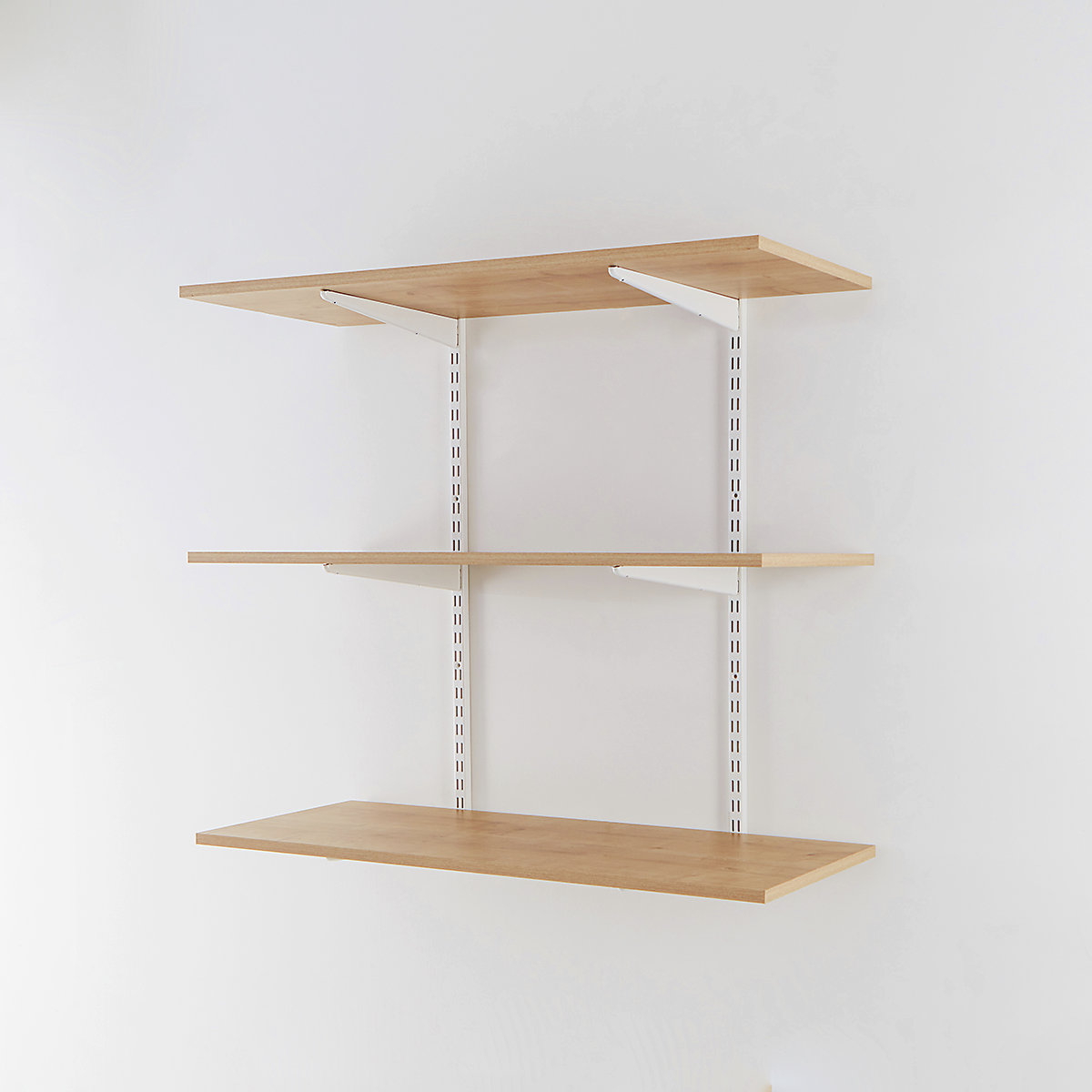 Office Wall Mounted Shelving Kits In White With Oak Melamine Shelves