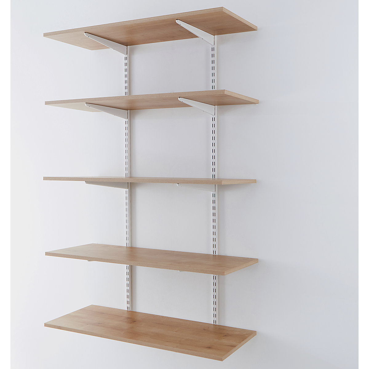 Office Wall Mounted Shelving Kits In White With Oak Melamine Shelves