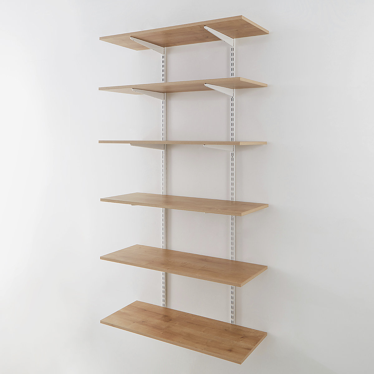 Office Wall Mounted Shelving Kits In White With Oak Melamine Shelves