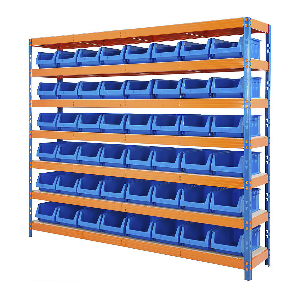 BiG400 Racking & Parts Bin Storage Solution, BiG400 Racking & Parts Bin Storage Solution, BiG400 Racking with Plastic Parts Bins | 1980h X 2440w X 455d mm | with 48x B56 Blue Bins | 400kg UDL | Blue & Orange-12