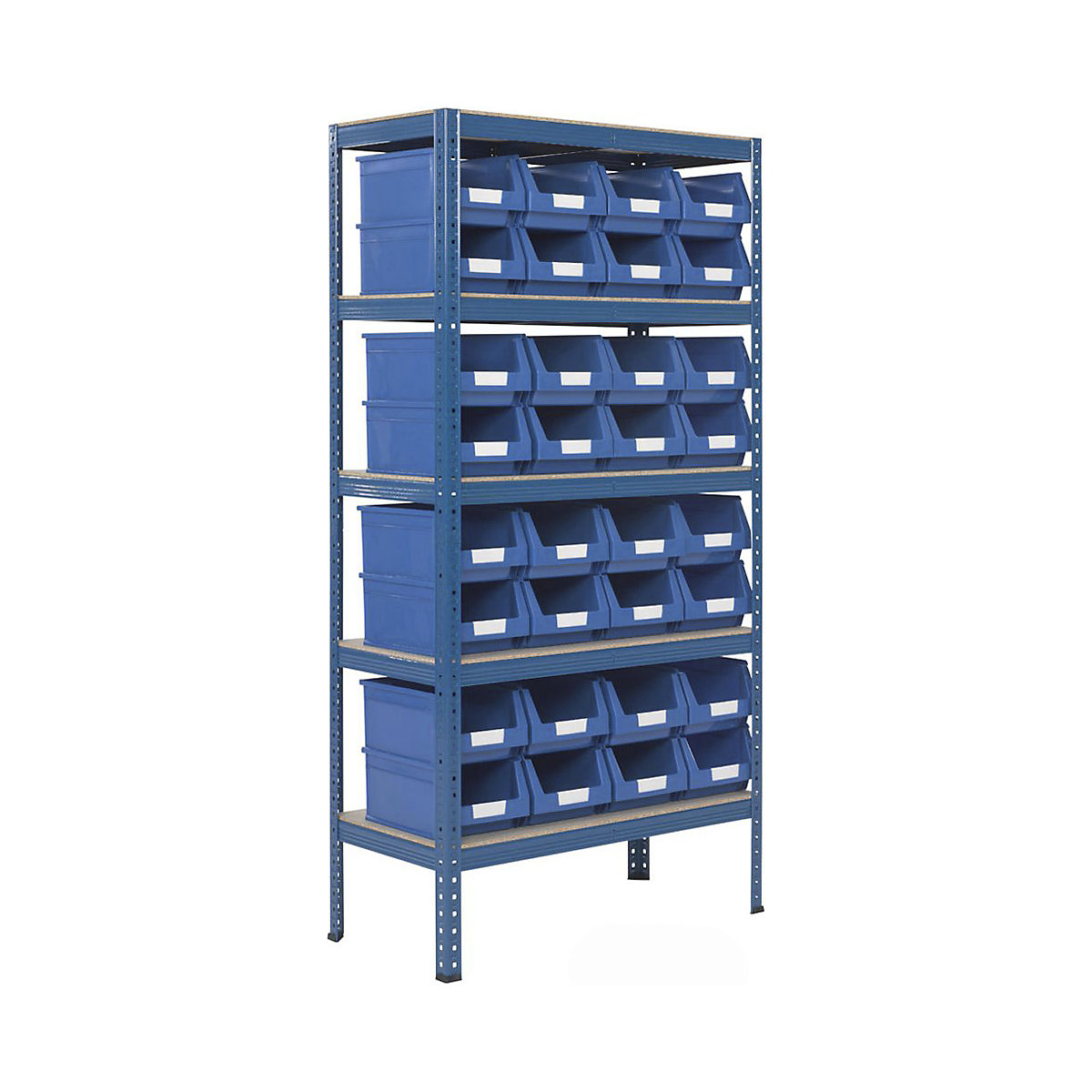 BiGDUG Essentials Shelving with Plastic Parts Bin Kit, BiGDUG Essentials Shelving with Plastic Parts Bin Kit, BiGDUG Essentials Shelving Unit | 1780h x 900w x 450d mm | 5 Levels | Blue | 265kg UDL with 32x B54 Red Bins | 155h x 216w x 336d mm-2