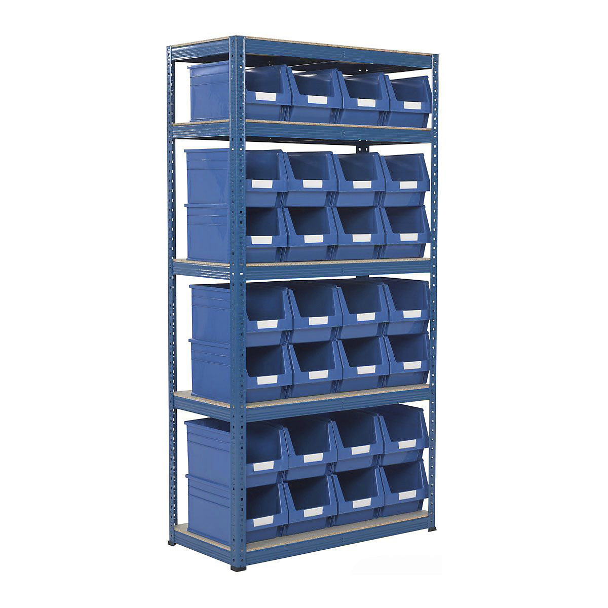 BiGDUG Essentials Shelving with Plastic Parts Bin Kit, BiGDUG Essentials Shelving with Plastic Parts Bin Kit, BiGDUG Essentials Shelving Unit | 1780h x 900w x 450d mm | 5 Levels | Blue | 265kg UDL with 28x B55 Blue Bins | 200h x 216w x 336d mm-5
