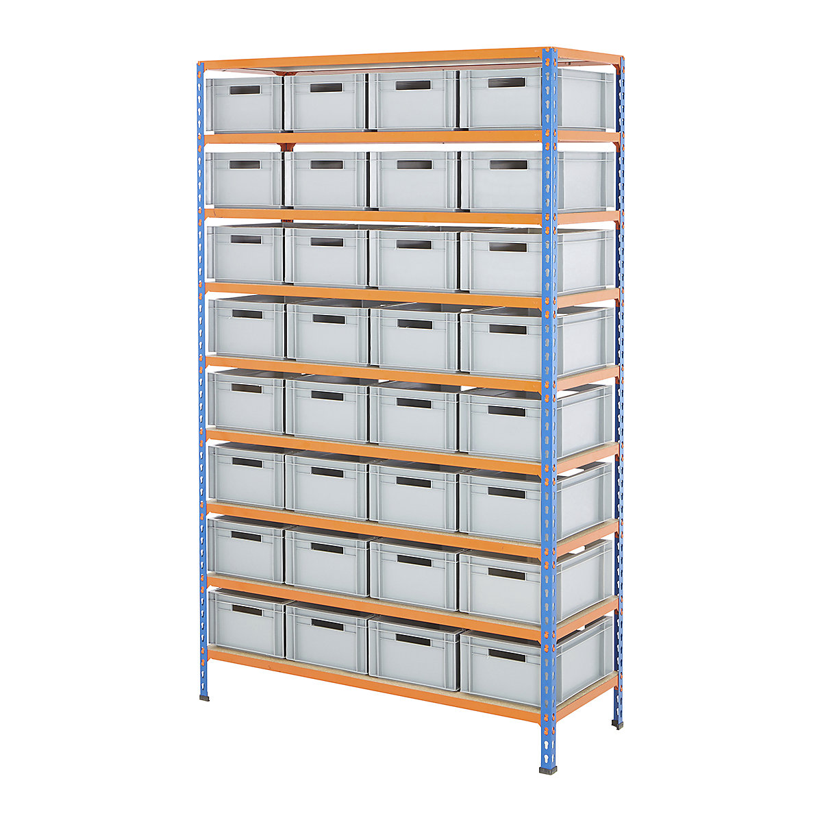 BiG340 Shelving & Euro Box Storage Solution, BiG340 Shelving & Euro Box Storage Solution, BiG340 Shelving | 1980h x 1220w x 455d mm | with 32x 15 Litre Euro Containers | 175h x 300w x 400d mm | 200kg UDL | Blue & Orange-10