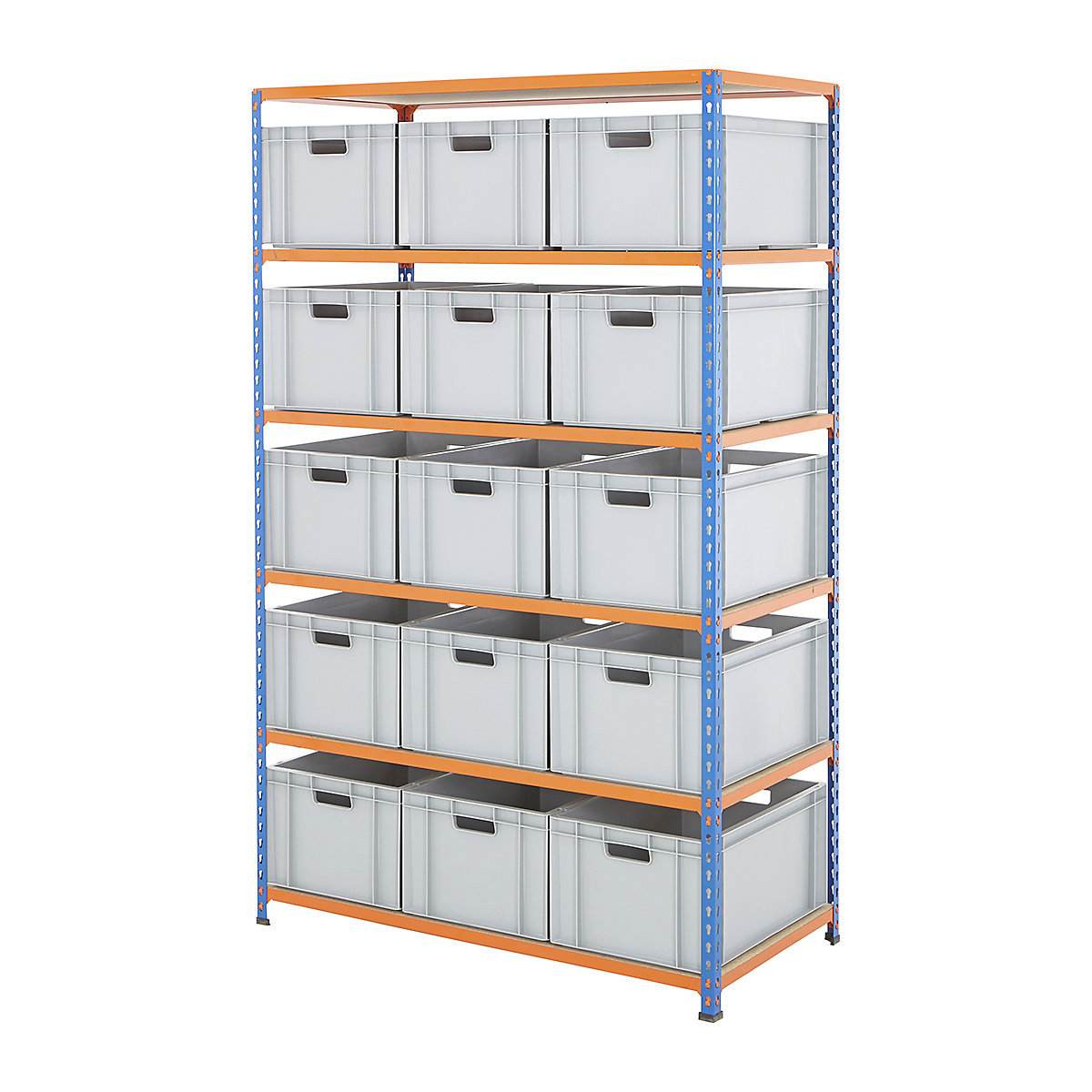 BiG340 Shelving & Euro Box Storage Solution, BiG340 Shelving & Euro Box Storage Solution, BiG340 Shelving | 1980h x 1220w x 610d mm | with 15x 54 Litre Euro Containers | 290h x 400w x 600d mm | 200kg UDL | Blue & Orange-11