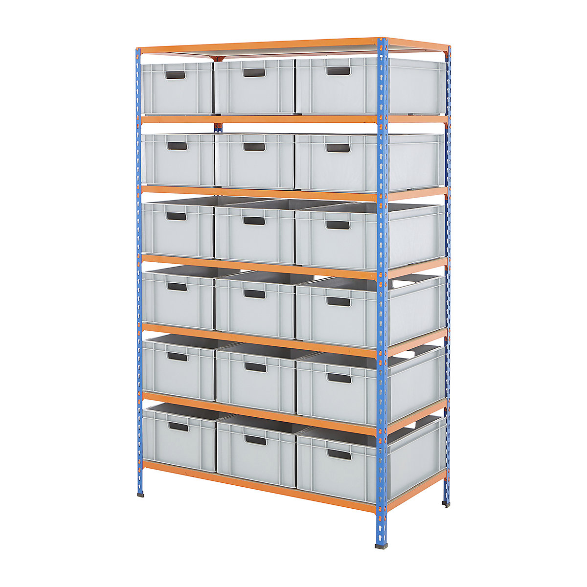 BiG340 Shelving & Euro Box Storage Solution, BiG340 Shelving & Euro Box Storage Solution, BiG340 Shelving | 1980h x 1220w x 610d mm | with 18x 42 Litre Euro Containers | 230h x 400w x 600d mm | 200kg UDL | Blue & Orange-12