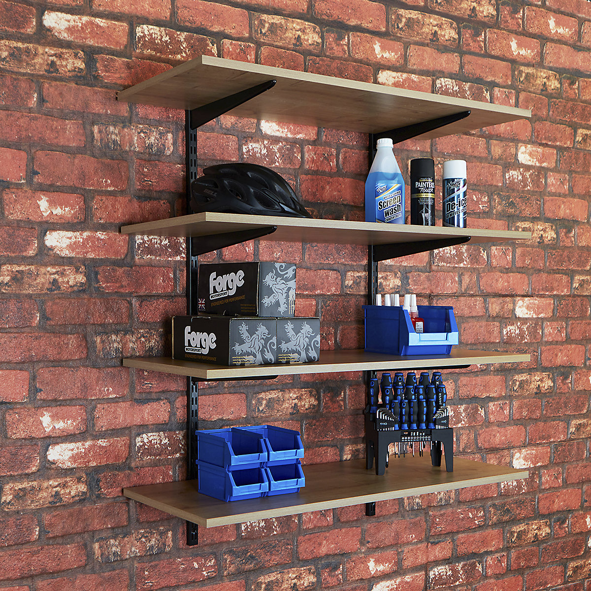 Garage Wall Mounted Shelving Kits In Black with Oak Melamine Shelves