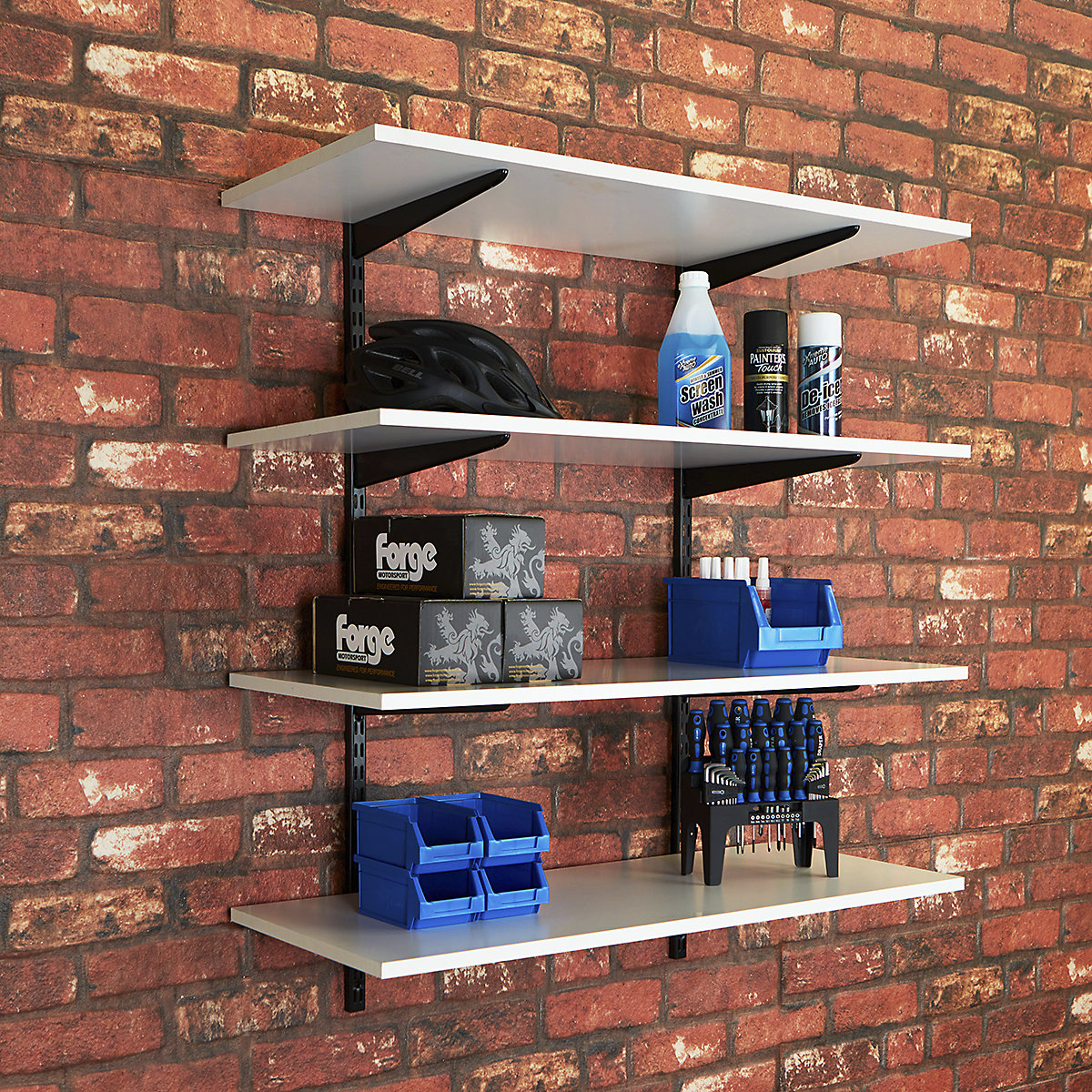 Garage Wall Mounted Shelving Kits In Black with White Melamine Shelves