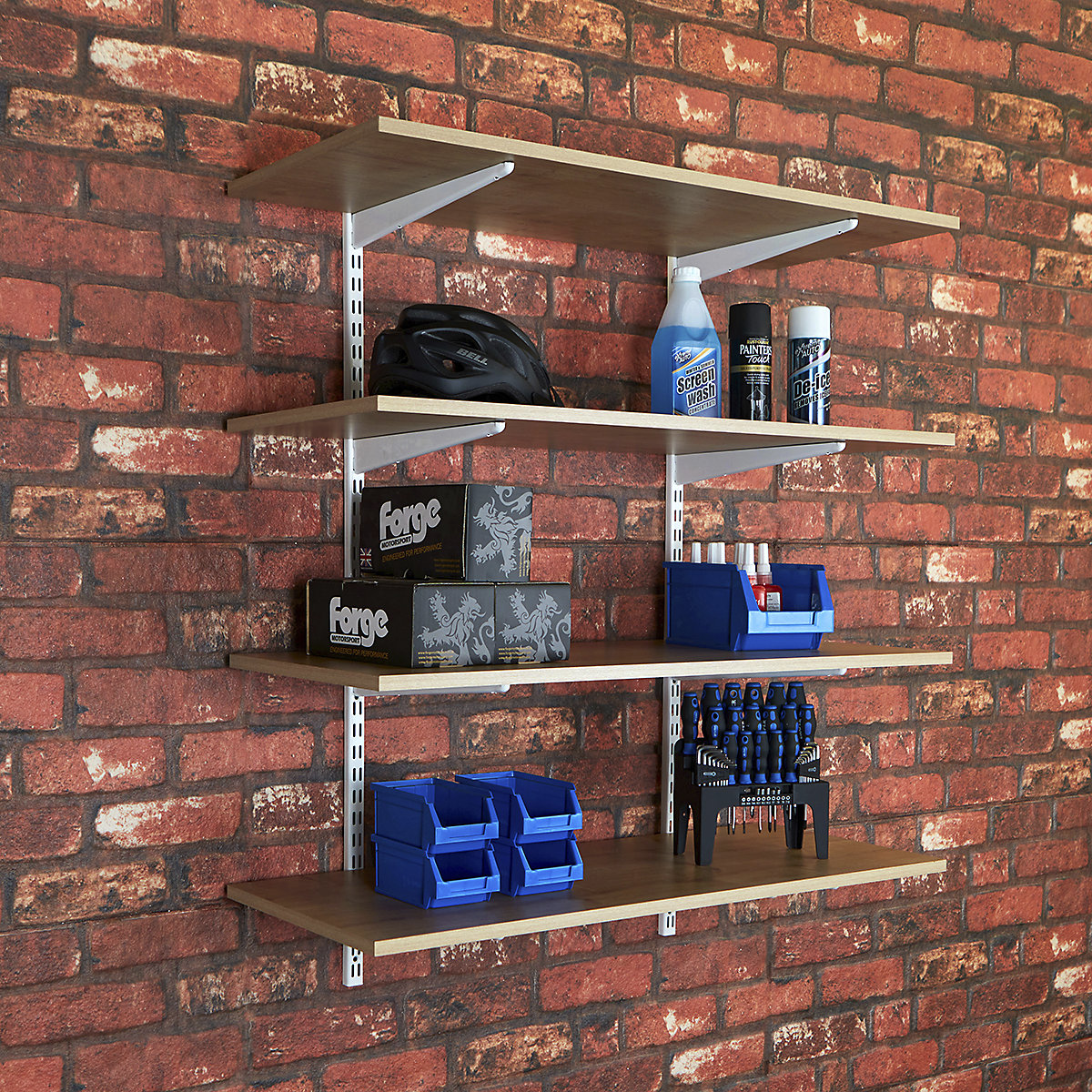 Garage Wall Mounted Shelving Kits In White with Oak Melamine Shelves
