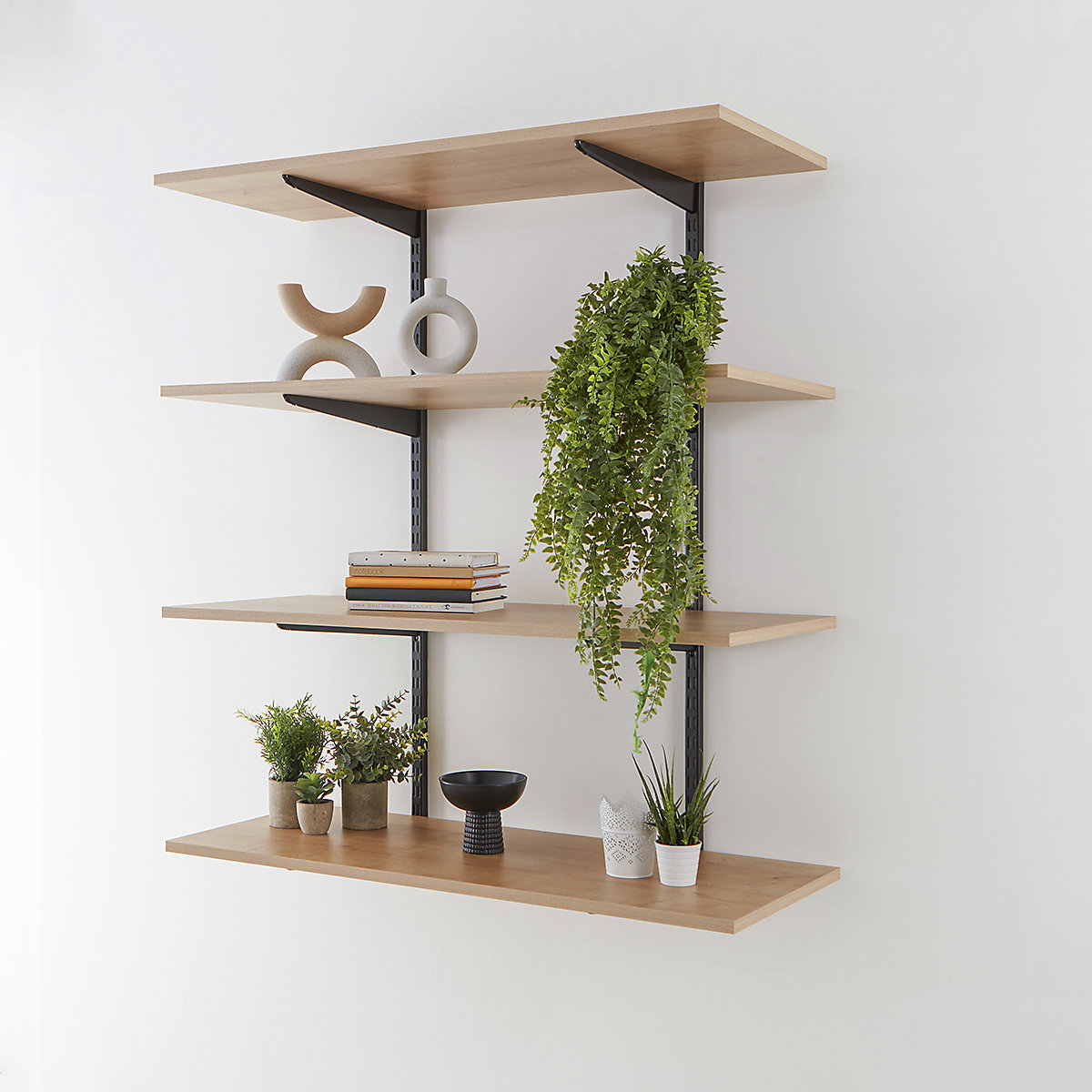 Twin Slot Black Wall Mounted Shelving Kits With Oak Melamine Shelves