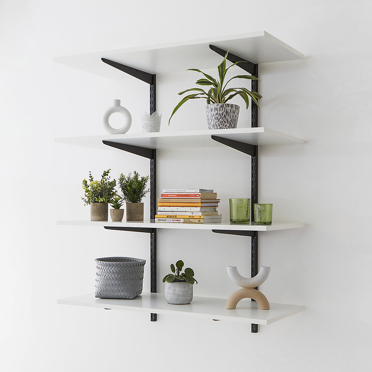 Twin Slot Black Wall Mounted Shelving Kits With White Melamine Shelves