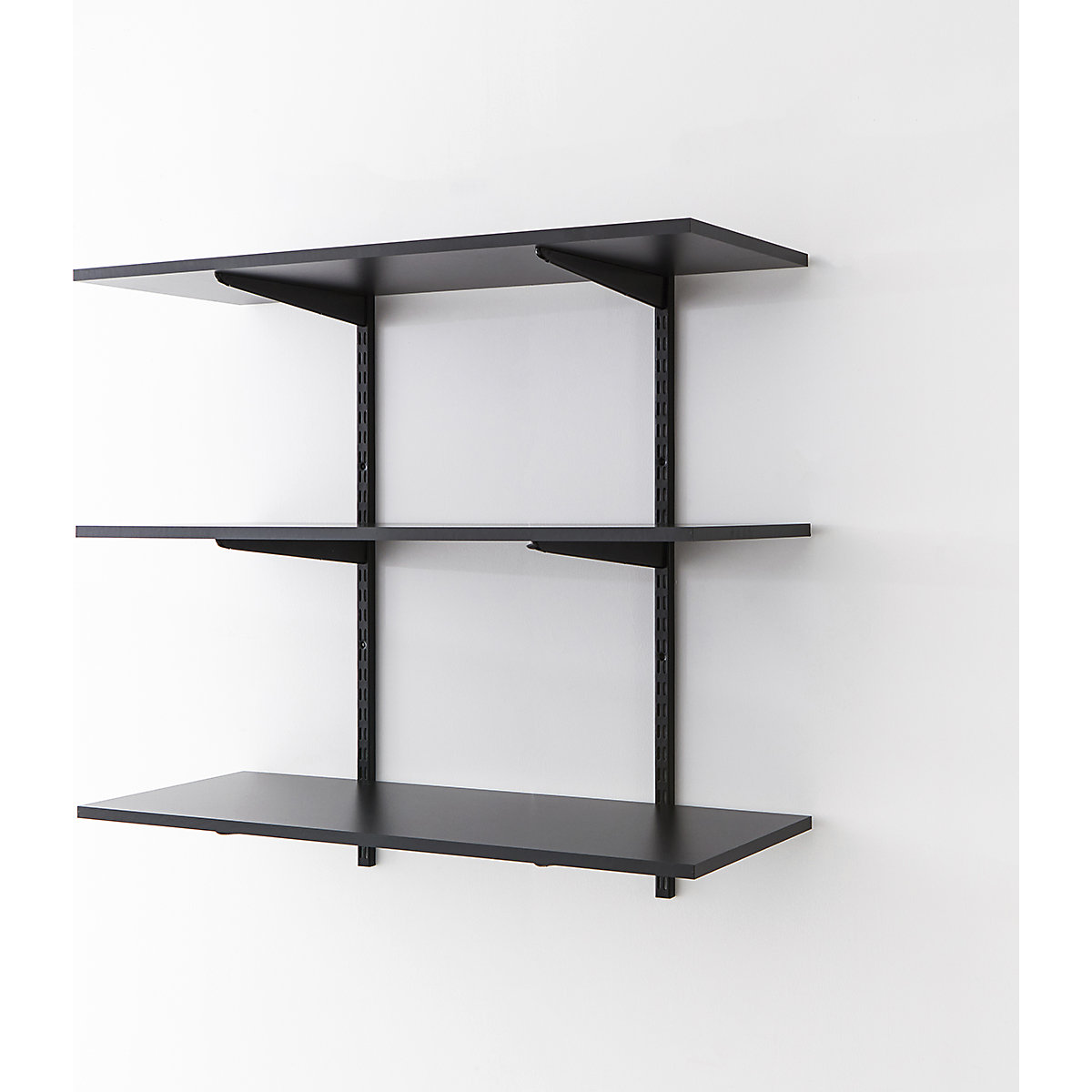 Twin Slot Black Wall Mounted Shelving Kits with Graphite Grey Melamine Shelves