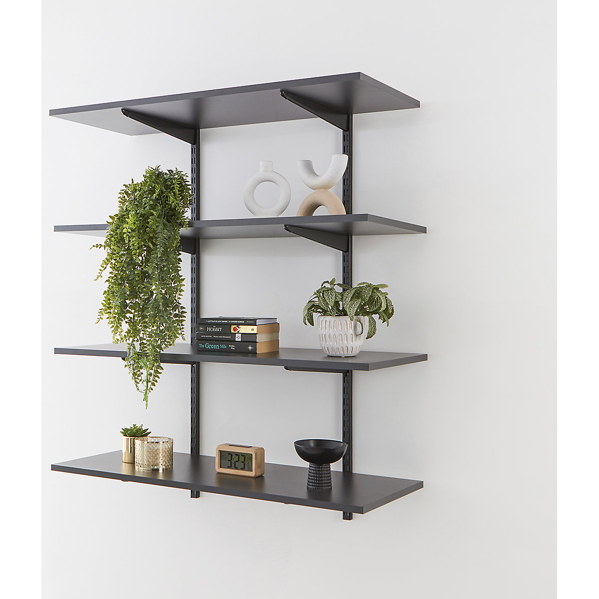 Twin Slot Black Wall Mounted Shelving Kits with Graphite Grey Melamine Shelves