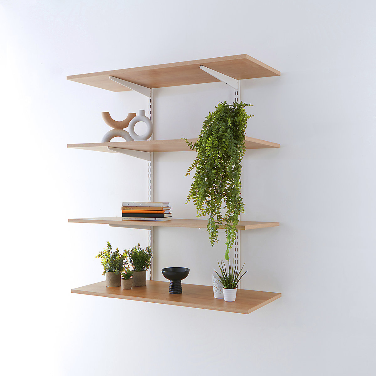 Twin Slot White Wall Mounted Shelving Kits With Oak Melamine Shelves