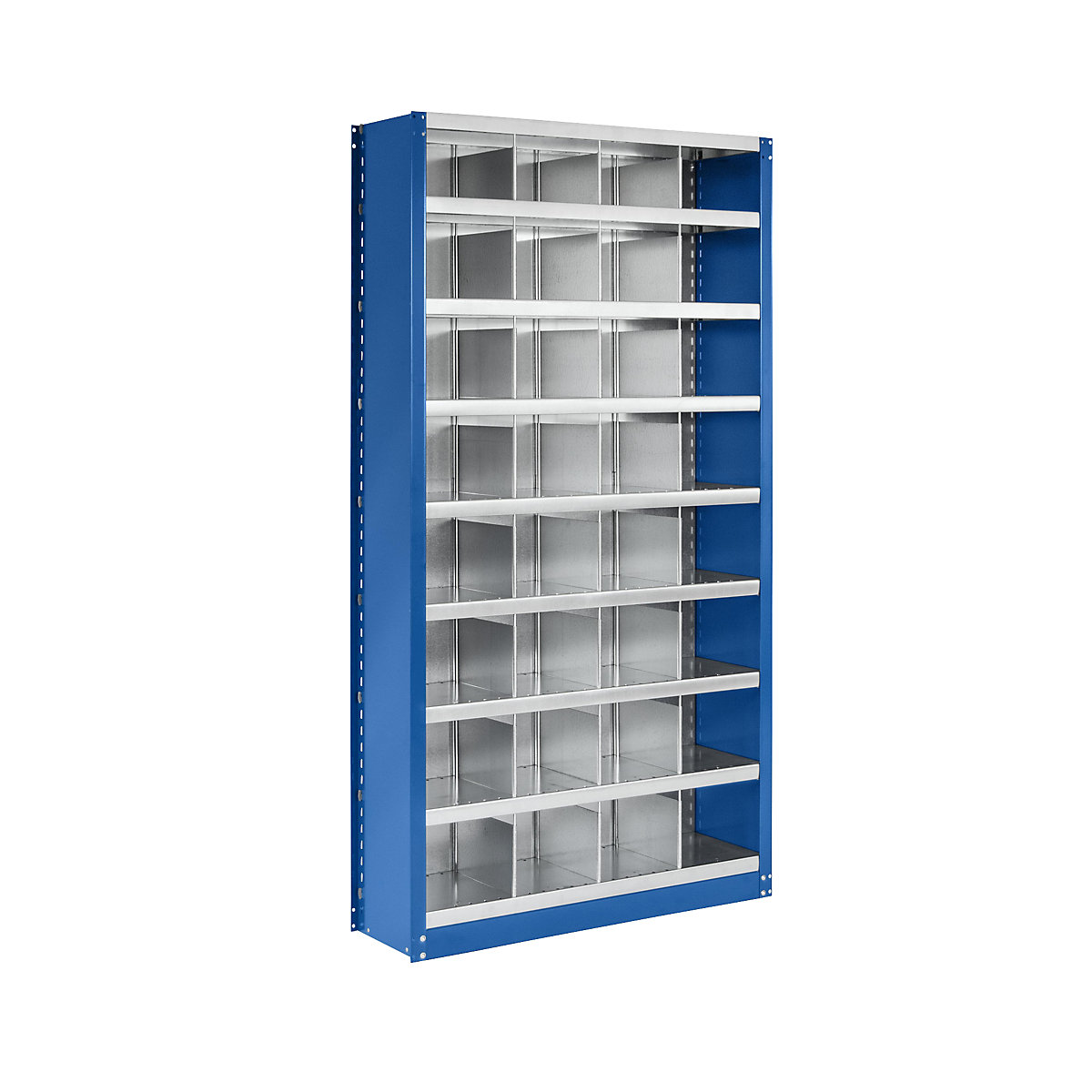 Boltless shelf unit system, shelf unit height 1990 mm – eurokraft pro, 32 compartments, WxD 1000 x 300 mm, extension shelf unit, gentian blue RAL 5010-1