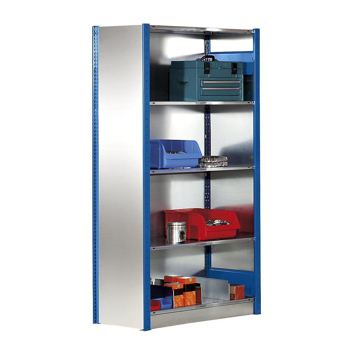 Boltless shelving unit – eurokraft pro, single row, shelf WxD 1000 x 400 mm, blue, height 2500 mm, standard shelf unit-8