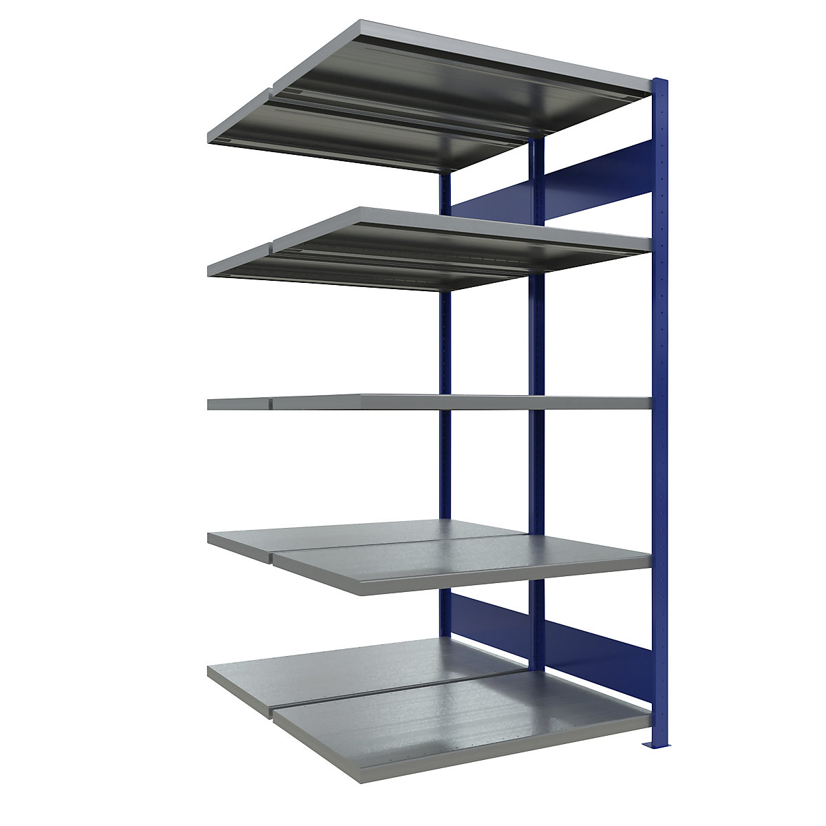 Boltless shelving unit – eurokraft pro, double row, shelf WxD 1300 x (2 x 600) mm, blue, height 2000 mm, extension shelf unit-12