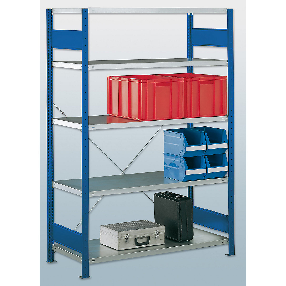 Boltless shelving unit – eurokraft pro, single row, shelf WxD 1300 x 400 mm, blue, height 2000 mm, standard shelf unit-23