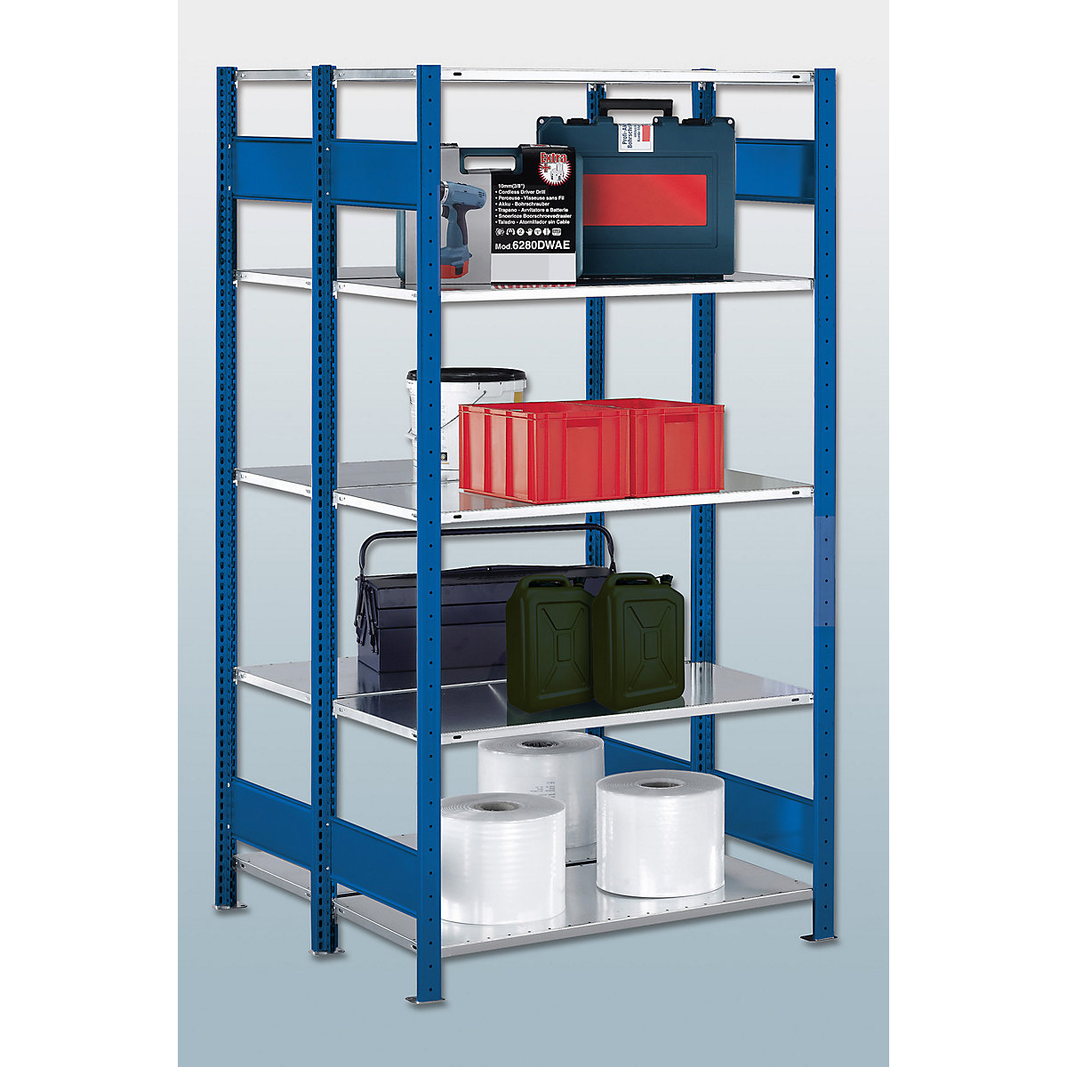 Boltless shelving unit – eurokraft pro, double row, shelf WxD 1000 x (2 x 400) mm, blue, height 2000 mm, standard shelf unit-26