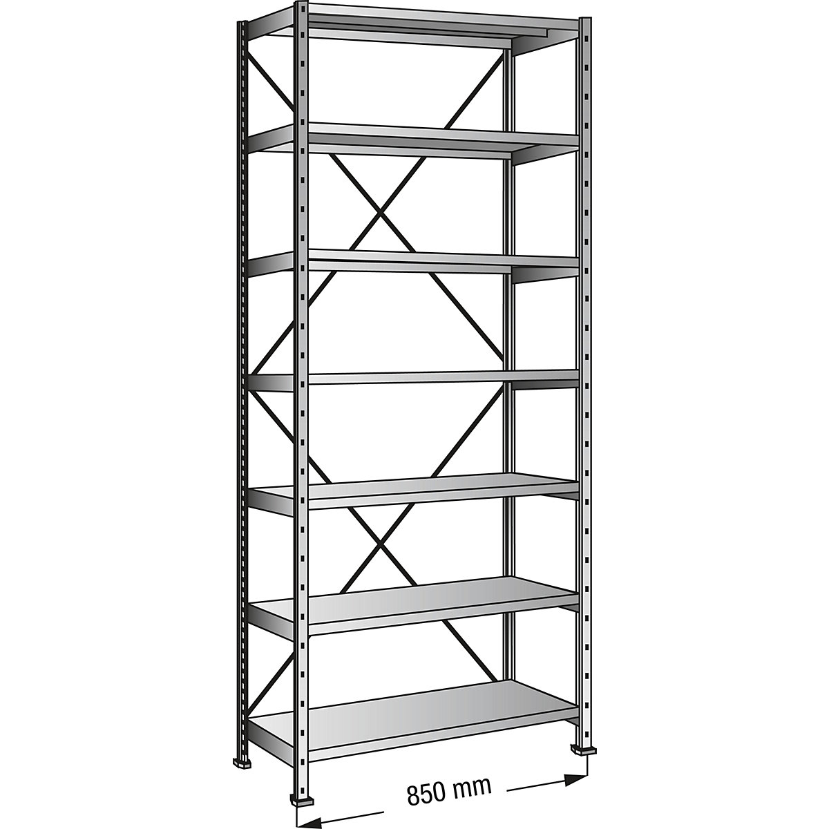 Boltless shelving unit, zinc plated, 7 shelves, height 2640 mm, shelf width 800 mm, depth 200 mm, standard shelf unit