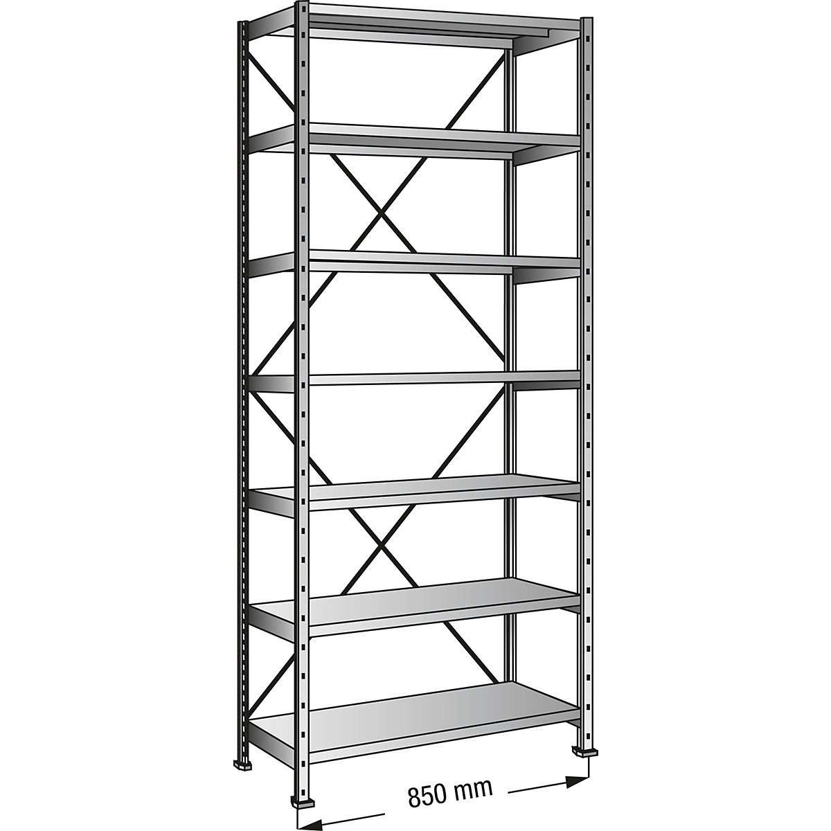 Boltless shelving unit, zinc plated, 7 shelves, height 2640 mm, shelf width 800 mm, depth 600 mm, standard shelf unit