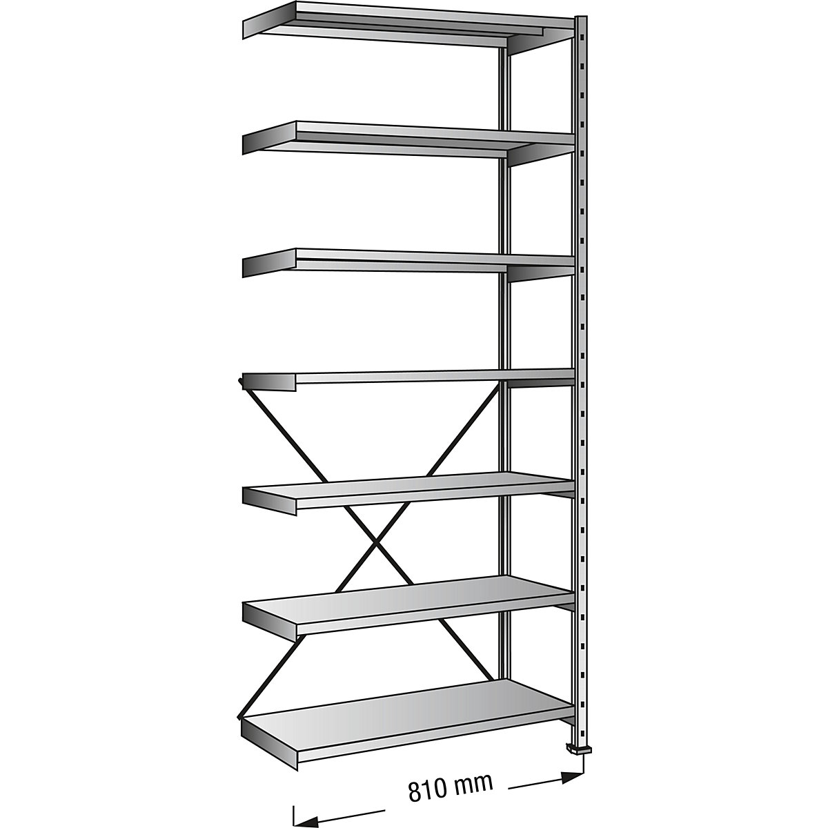 Boltless shelving unit, zinc plated, 7 shelves