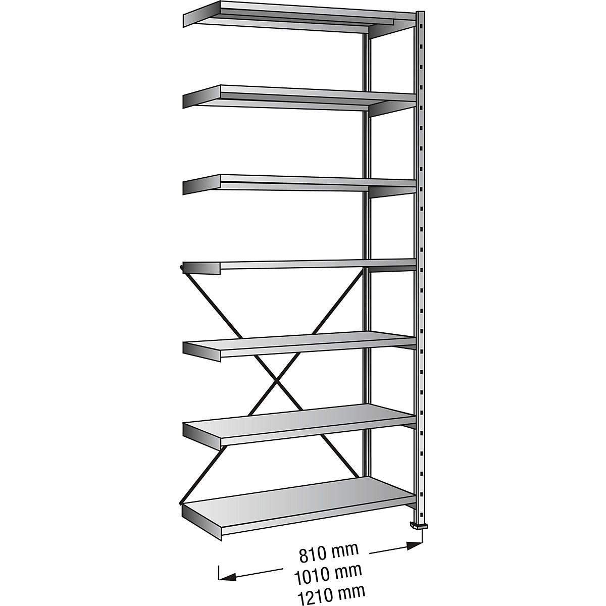 Boltless shelving unit, zinc plated, 7 shelves, height 2640 mm, shelf width 800 mm, depth 500 mm, extension shelf unit